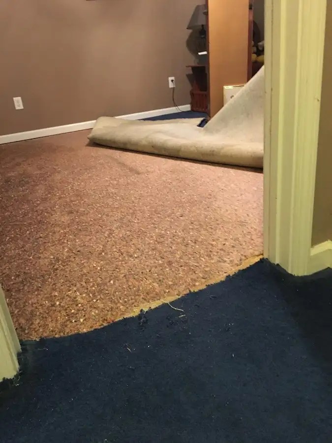 Carpet pad removal revealing water damage during Water Mitigation Services in West Modesto